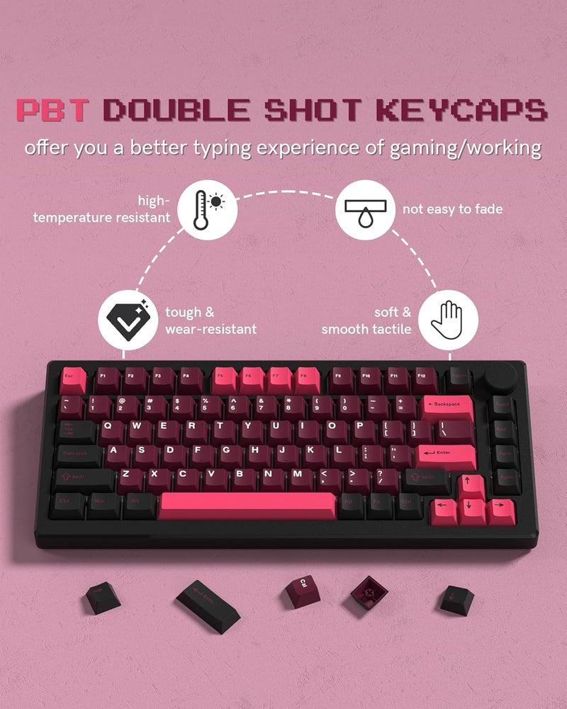 COSTOM Womier Double Shot PBT Keycaps Set 138 Keys, Cherry Profile Custom Keycaps 60 65 75 100 Percent for 61/64/68/84/87/100/104/108 Retro Gaming Mechanical Keyboard (HotPink Black) - Image 5